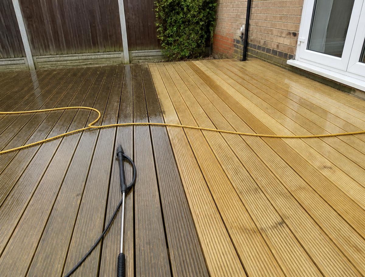 Timber decking during professional pressure washing