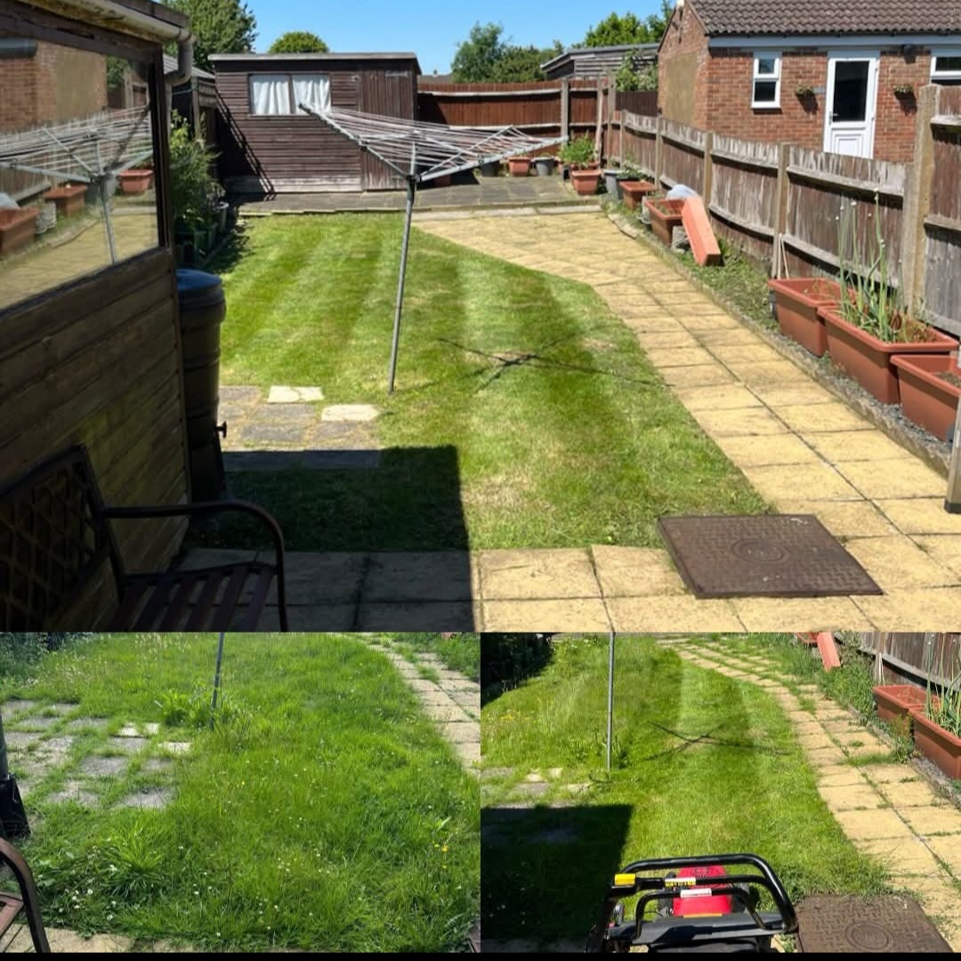 Overgrown garden transformed with full lawn and patio clean