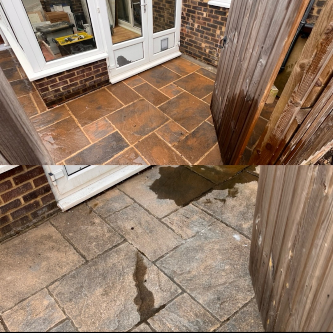 Sandstone patio before and after pressure washing comparison