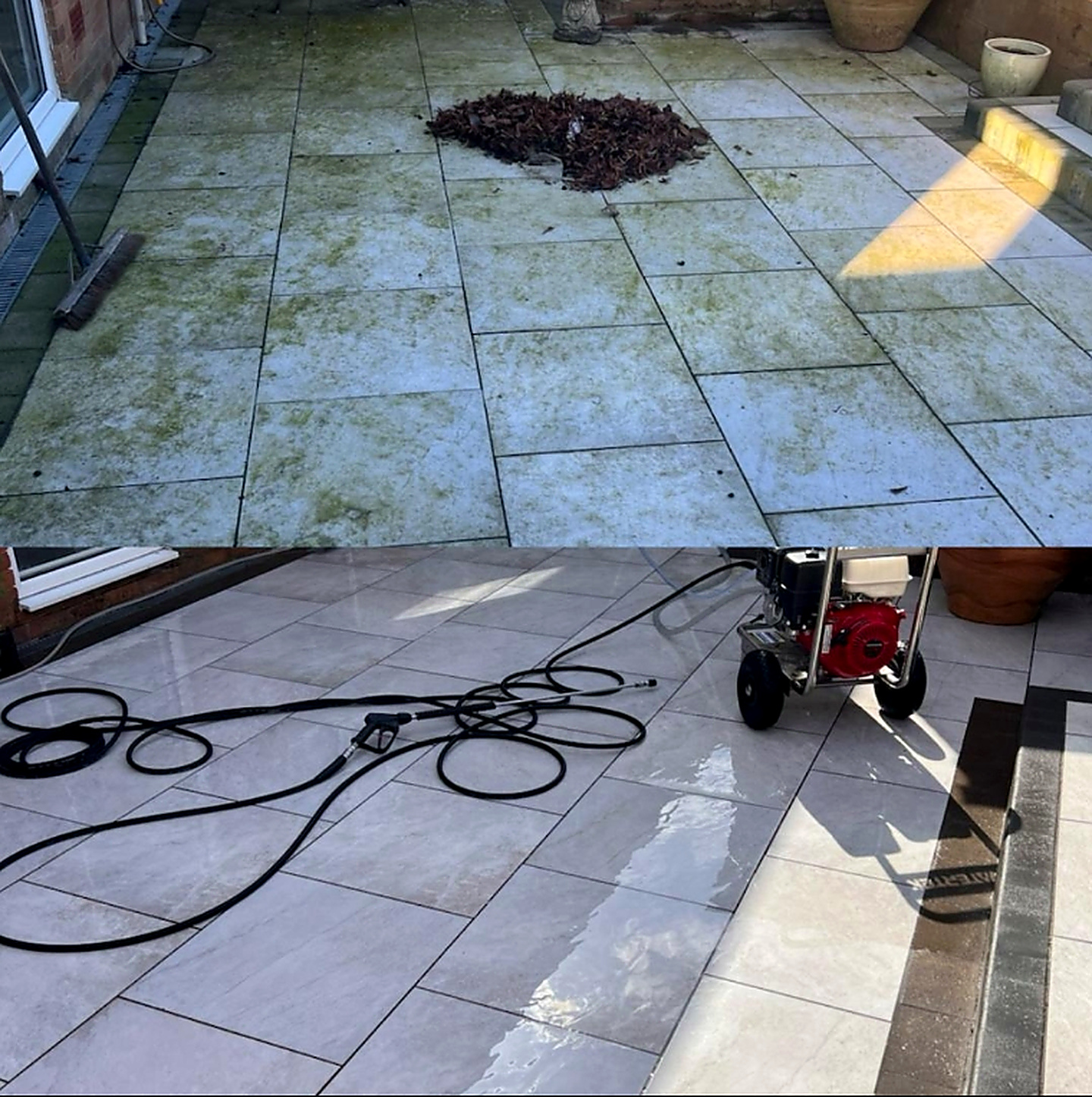 Patio professionally cleaned back to a bright finish